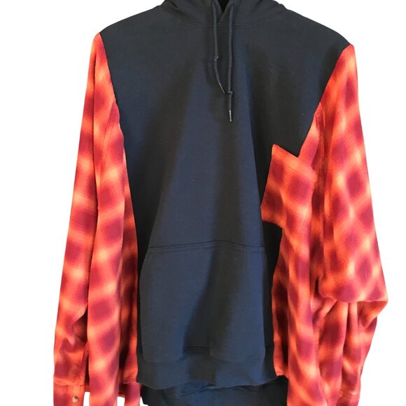 Upcycled Pullover Hoodie, Plus Size: Patchwork Flannel Sweatshirt, Red Plaid - Picture 5 of 13
